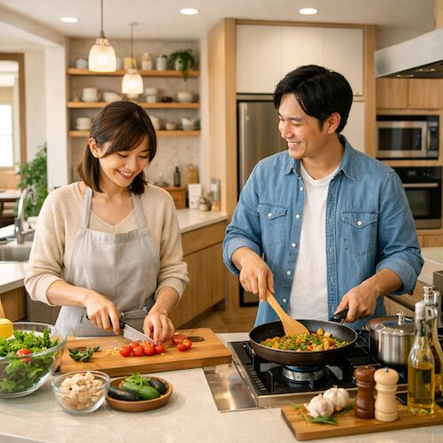 回遊動線のあるキッチンで仲良く料理をする夫婦