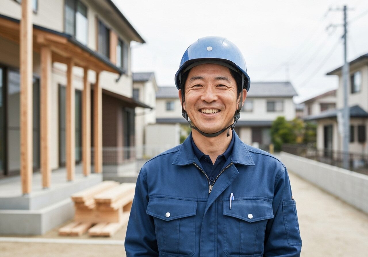 ヘルメットをかぶった信頼感のある日本人男性スタッフが、新しい家の前で微笑んでいる。地域密着工務店の安心感を象徴するイメージ。