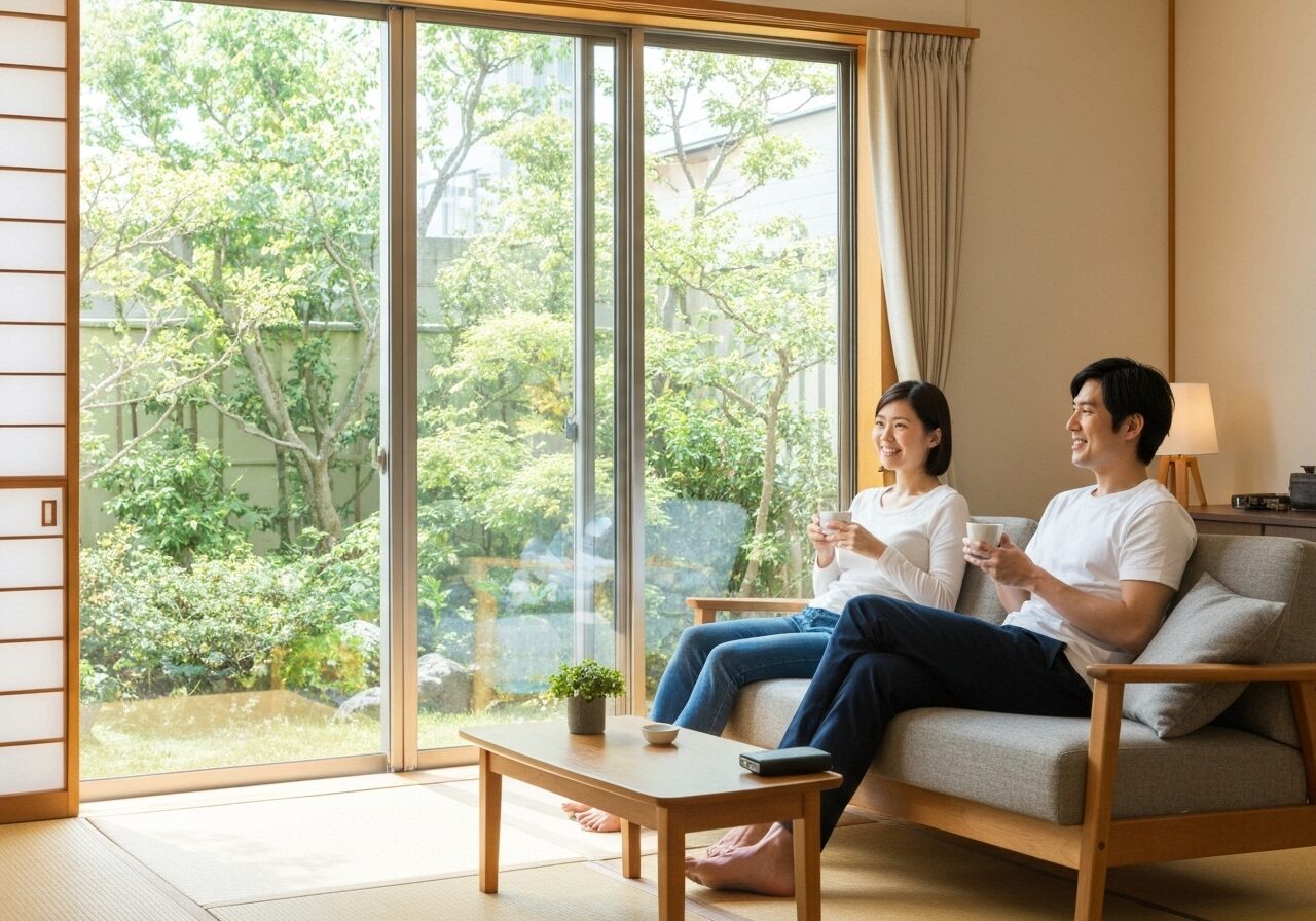高気密・高断熱住宅のメリットである、明るく健康的なリビングで快適に過ごす夫婦。