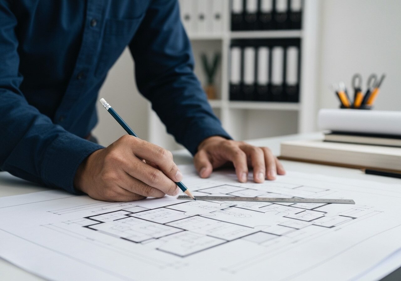 建築家が自由設計の注文住宅の間取り図面を丁寧に描いている様子