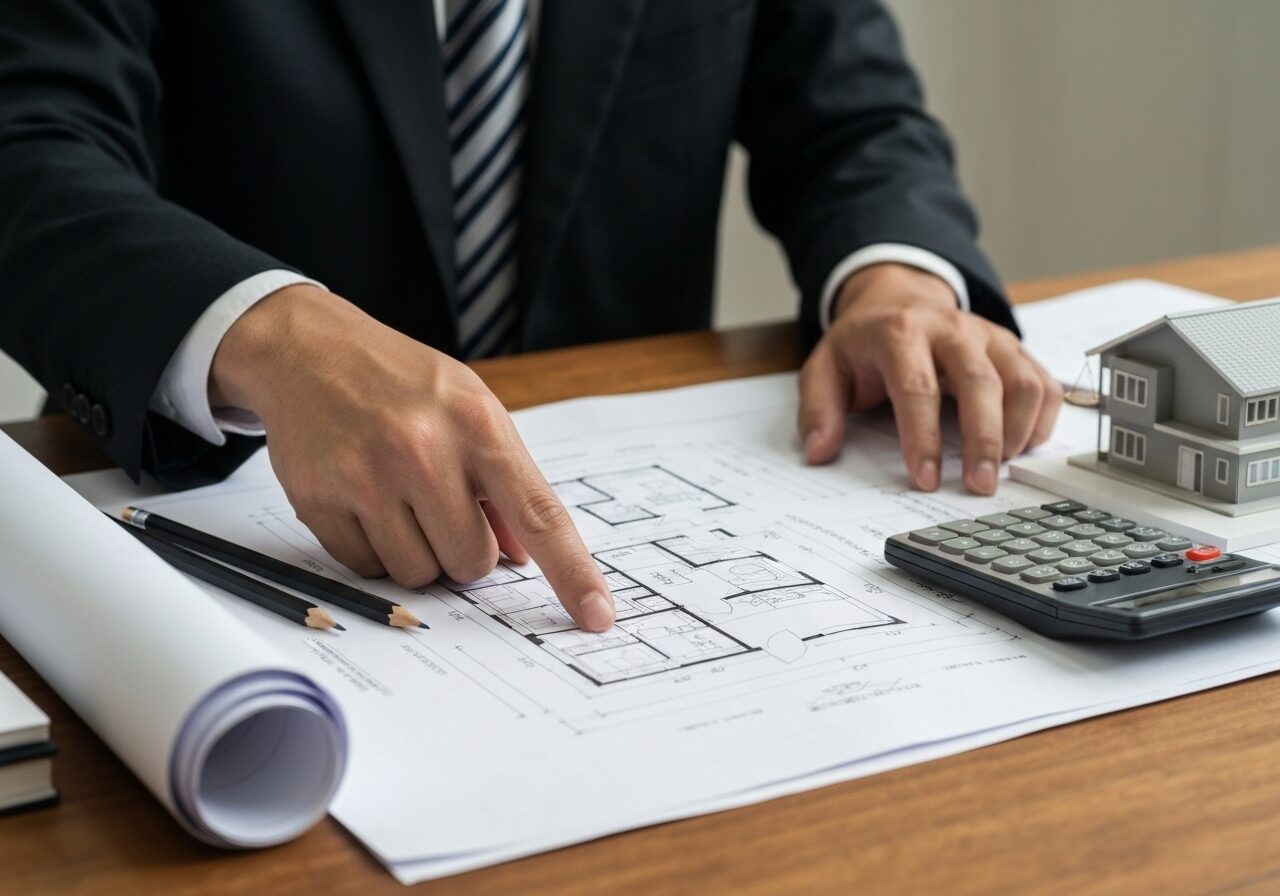 住宅の設計図面を指し示しながら、住宅会社の比較ポイントを検討している様子。