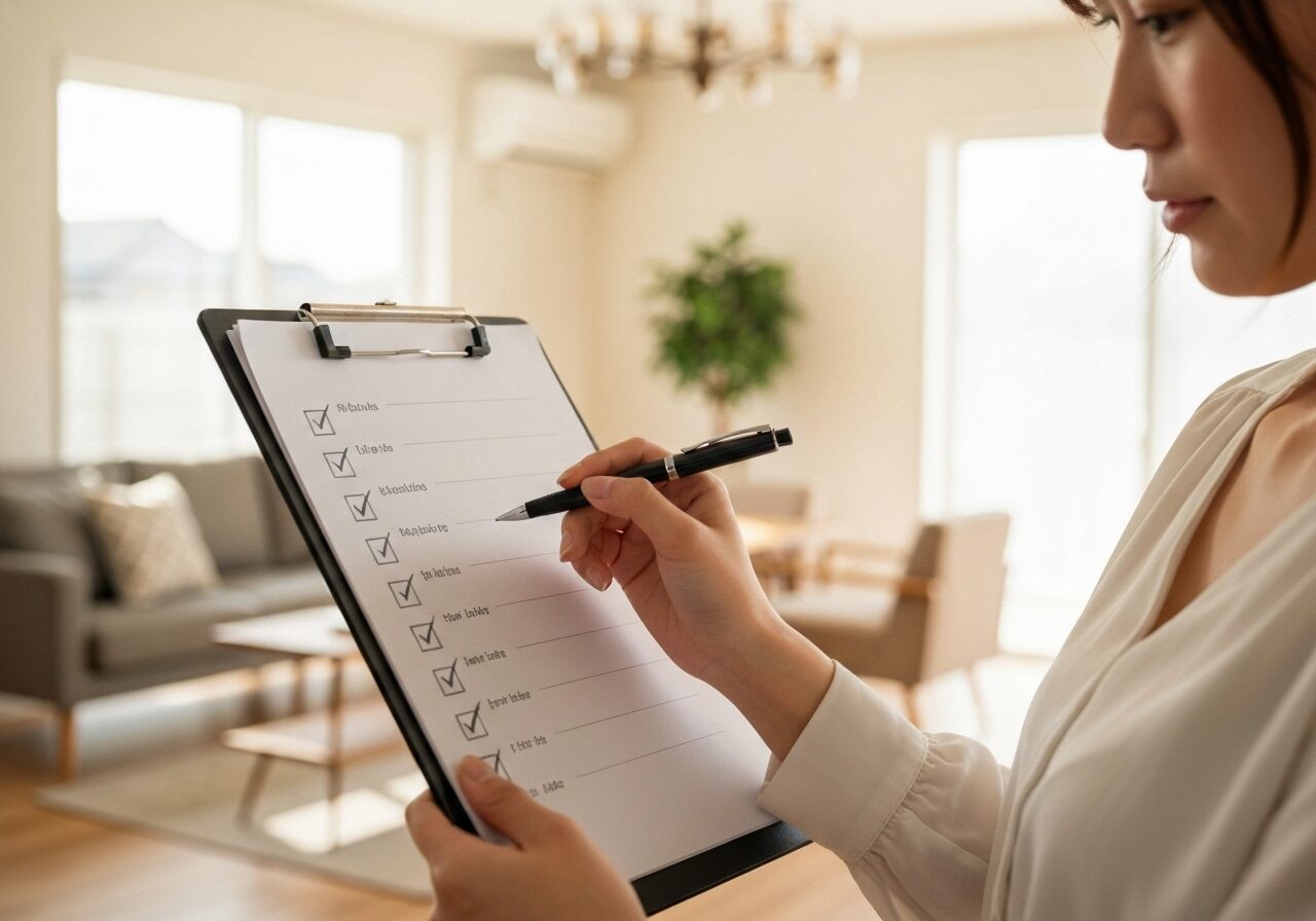 モデルハウスのリビングで、チェックリストを確認しながらペンを指している女性の手元。