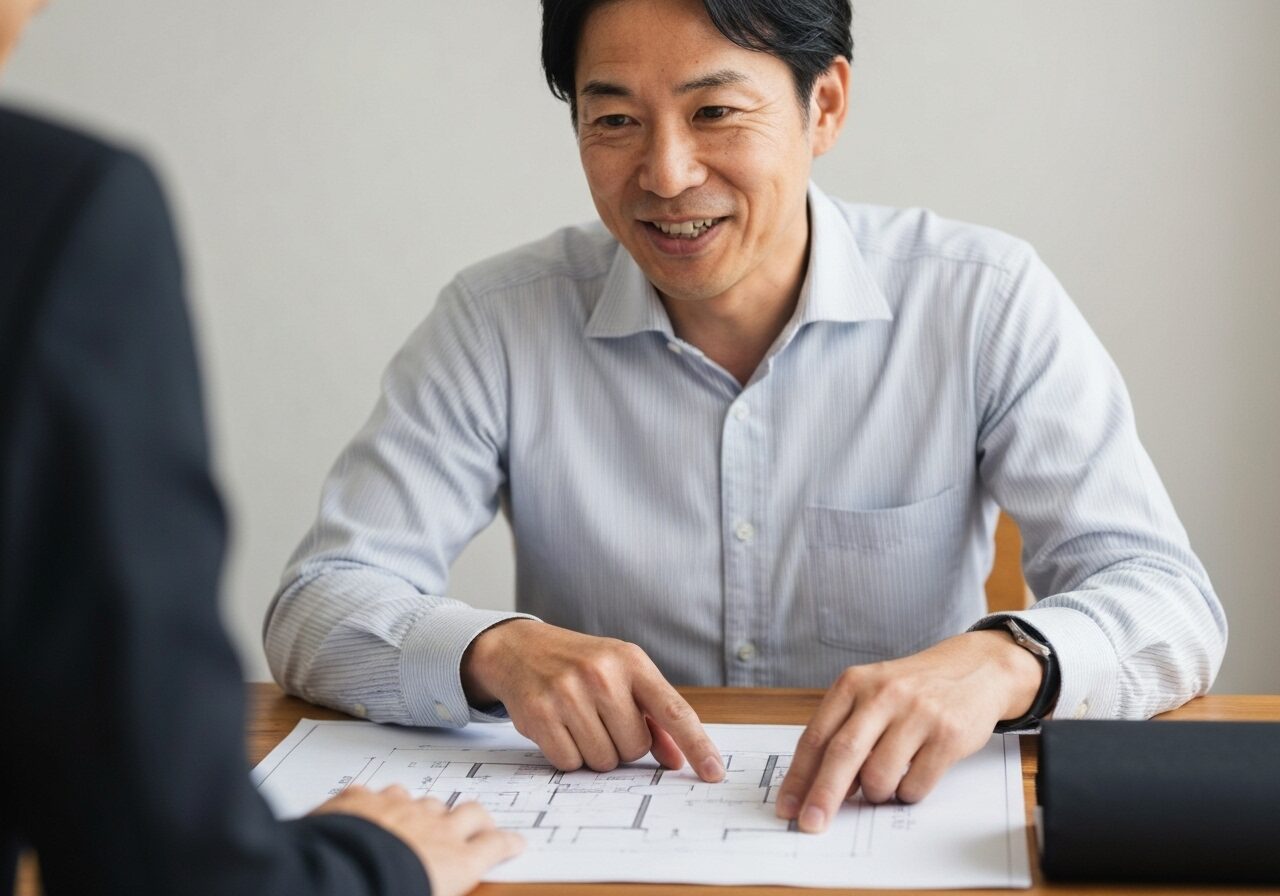 家の設計図を指さしながら、顧客に丁寧に説明する専門家。信頼できるハウスメーカーの姿勢を表現。