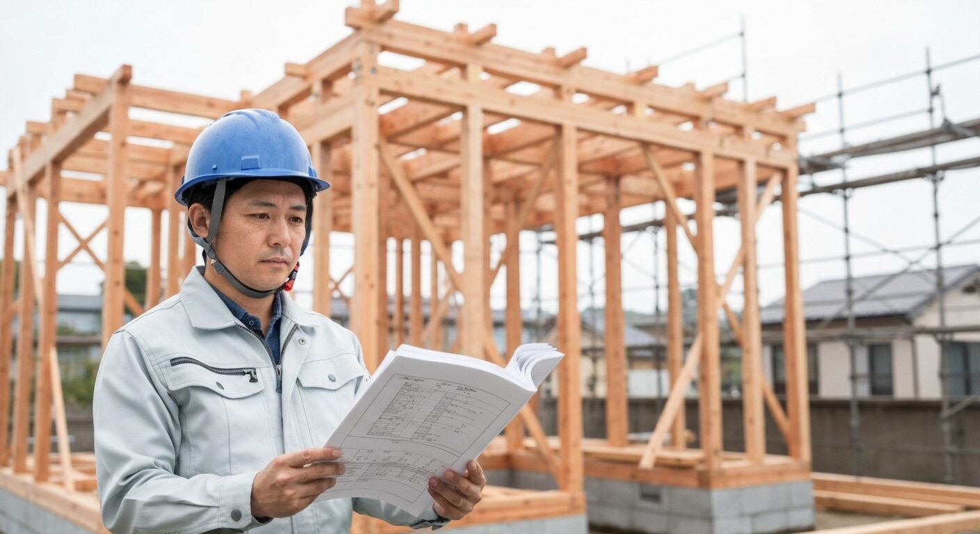 建設現場で分厚い構造計算書を確認する専門家。背景にはテクノストラクチャー工法で建てられている家の骨組みが見える。
