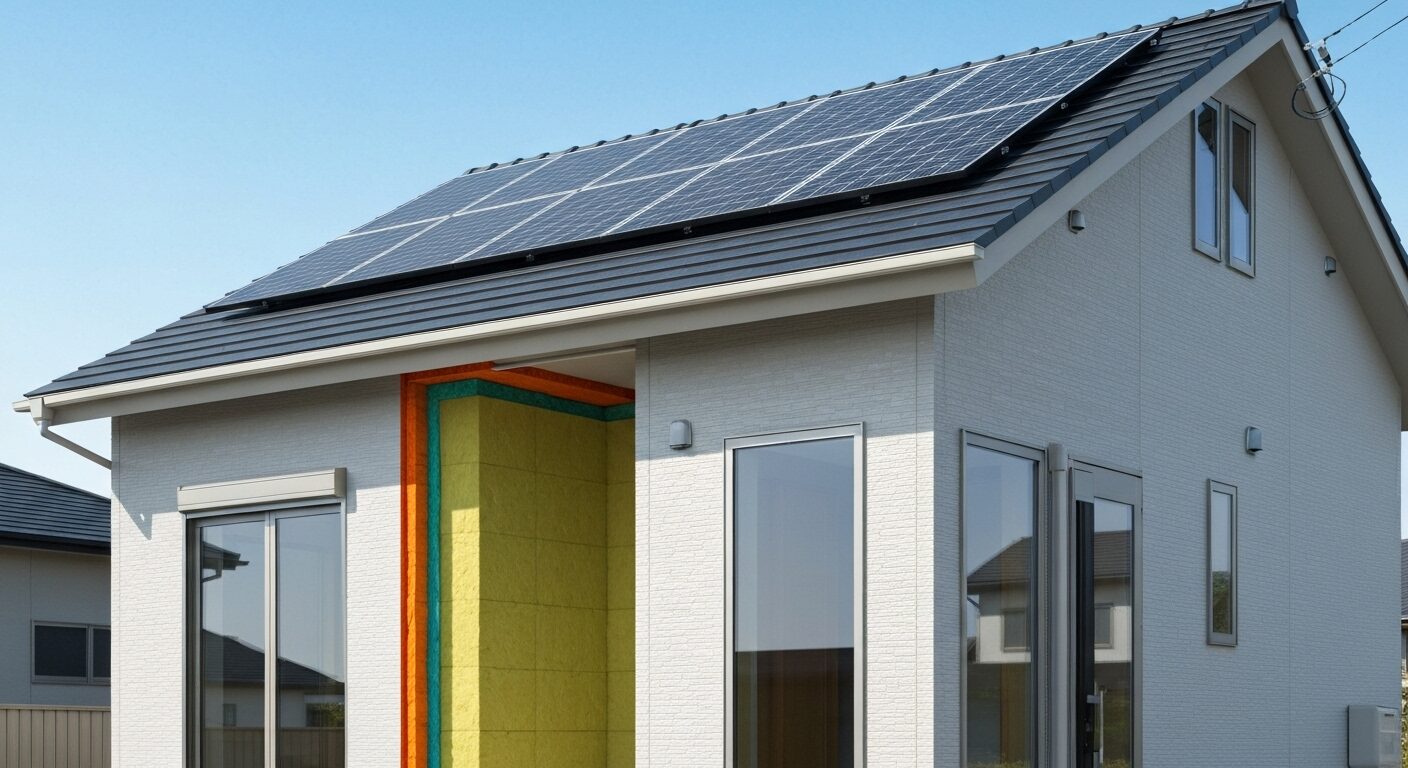 ZEH水準省エネ住宅を象徴する、高い断熱性能と太陽光パネルを備えた現代的な家の外観