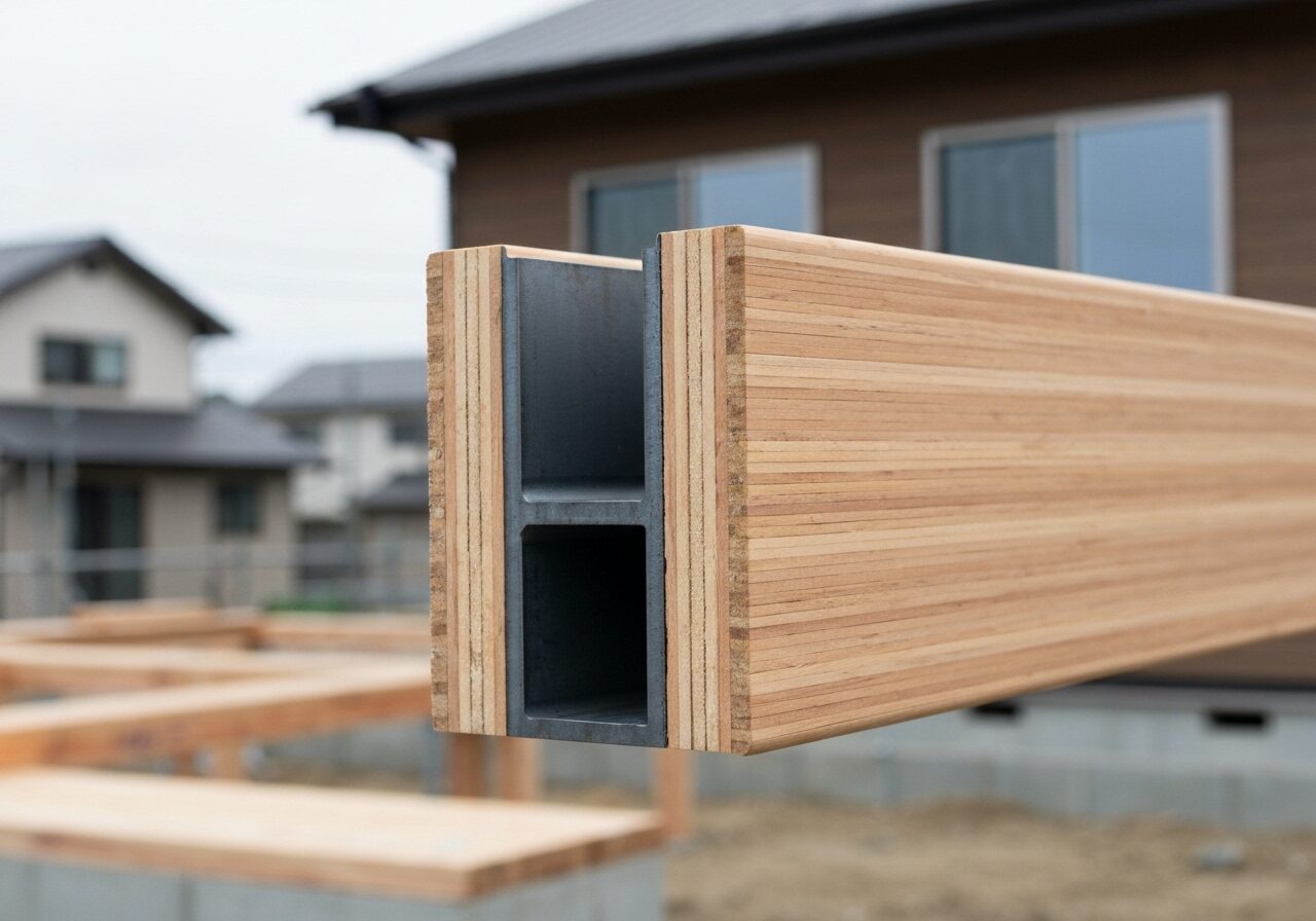 テクノストラクチャー工法の核心である木と鉄の複合梁「テクノビーム」のアップ写真