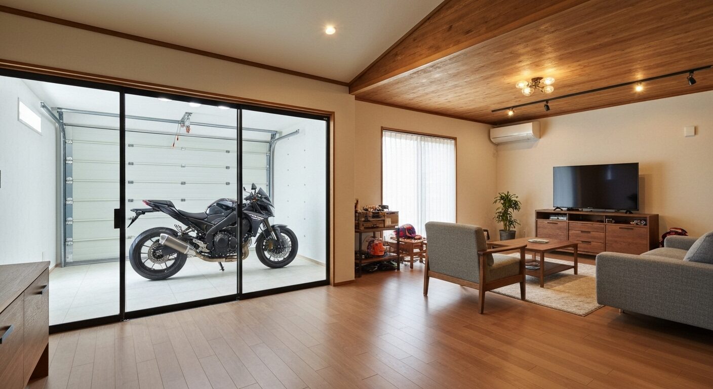 リビングから愛車のバイクが見えるビルトインガレージのある家