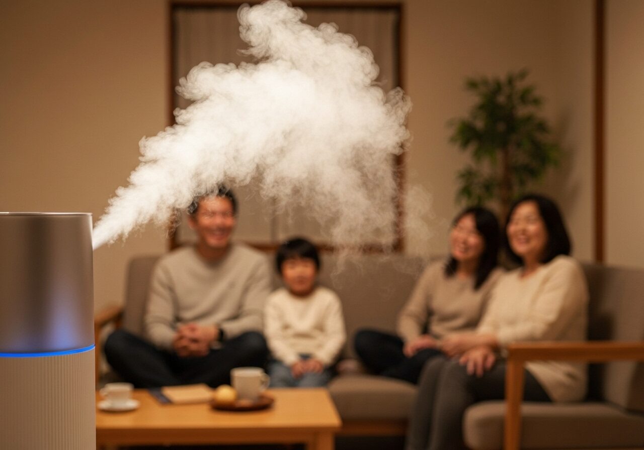 冬のリビングで稼働する高性能な加湿器。全館空調の乾燥対策として、快適な湿度が保たれている様子。