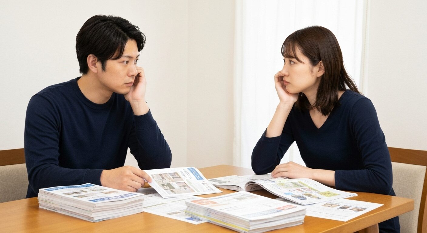 家づくりの予算や間取りについて悩み、失敗談を学んでいる若い日本人夫婦。