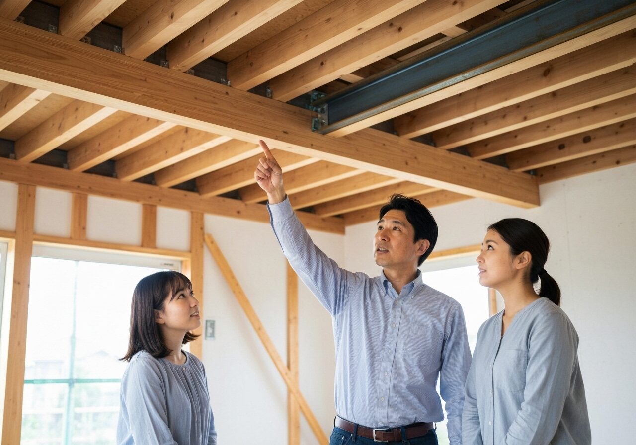 建設途中の住宅で、テクノストラクチャー工法の梁を指差しながら若い夫婦に説明する専門家。