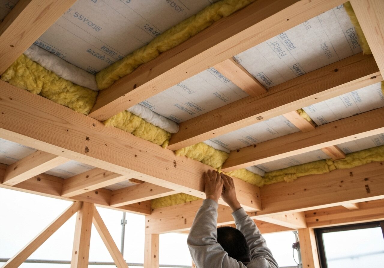 二世帯住宅の上下階の間に、防音材や断熱材が丁寧に施工されている建設現場の様子。生活音トラブルへの対策を象徴している。