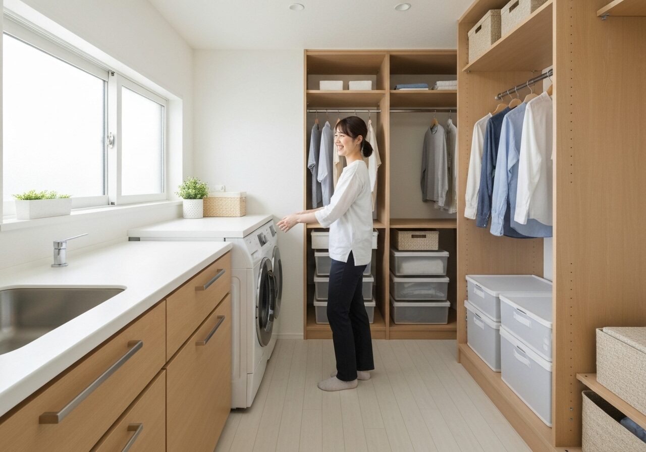効率的な動線が確保されたランドリールームで、笑顔で家事をする女性。回遊動線による家事の時短を表現。
