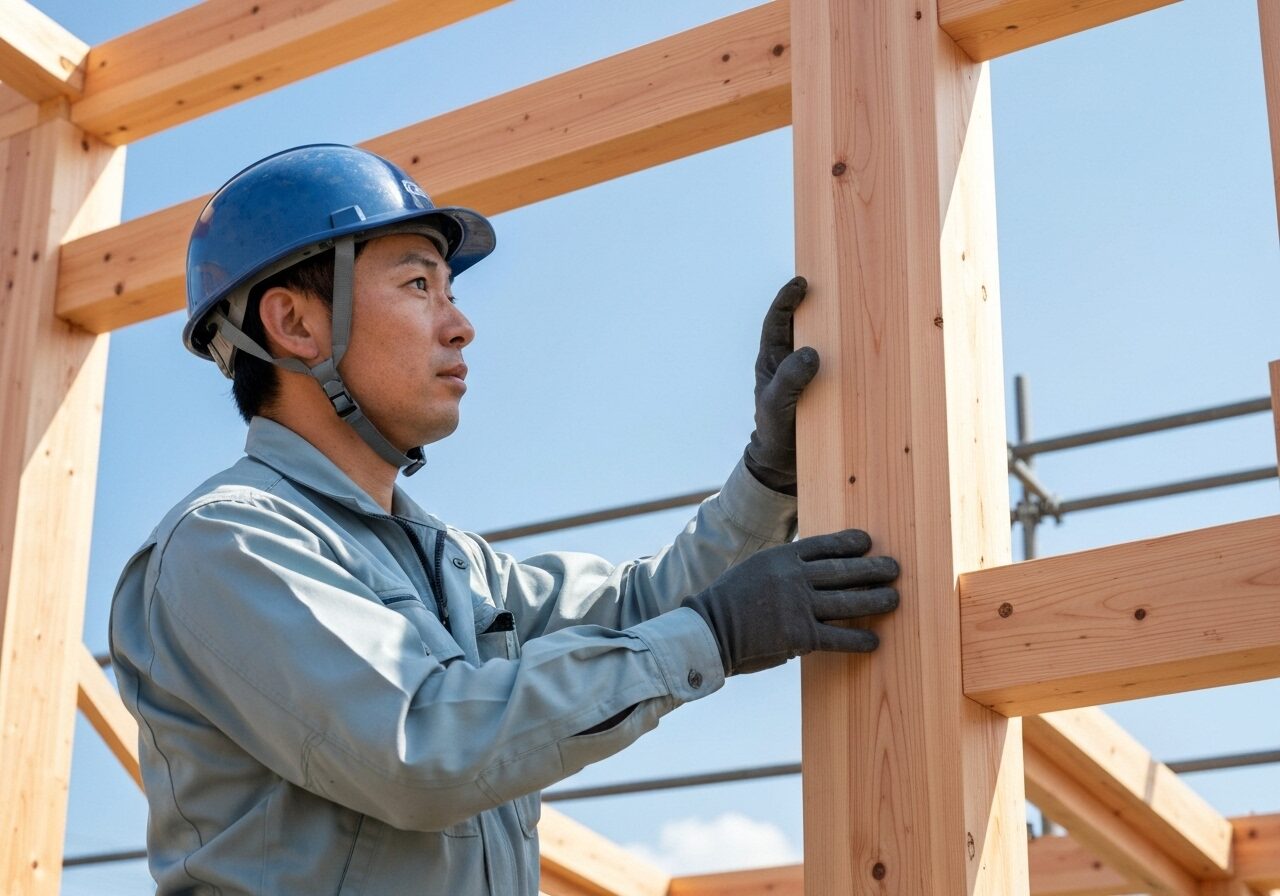 建設中の住宅の木造フレームを真剣な表情で点検する作業員。住宅の構造に関する品質保証をイメージさせる写真。