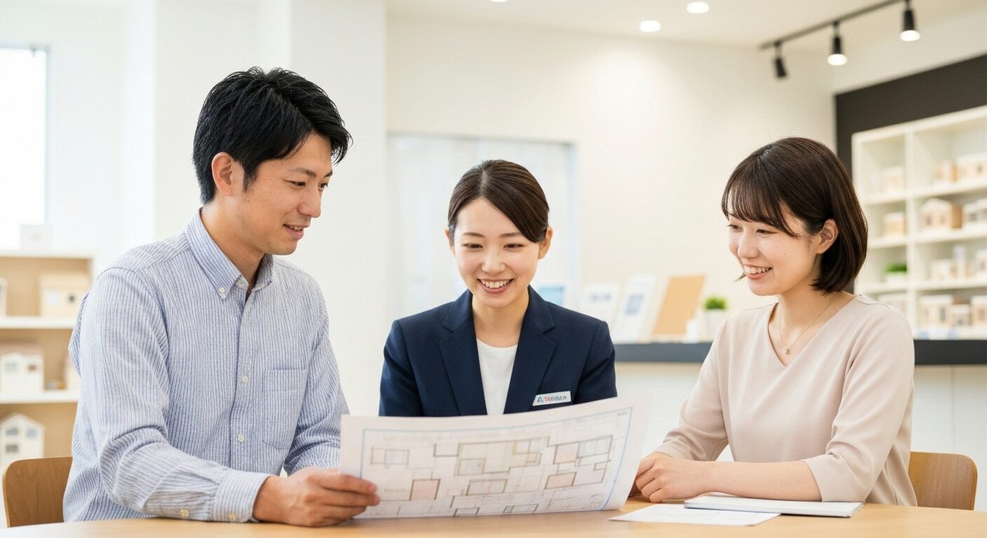 住宅会社の相談カウンターで、笑顔で家づくりの計画について話し合う30代の夫婦と女性スタッフ。