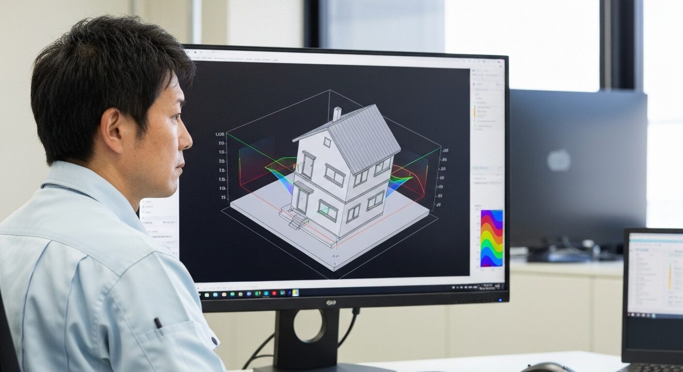 専門家がコンピュータ上で住宅の3D災害シミュレーションを行っている様子