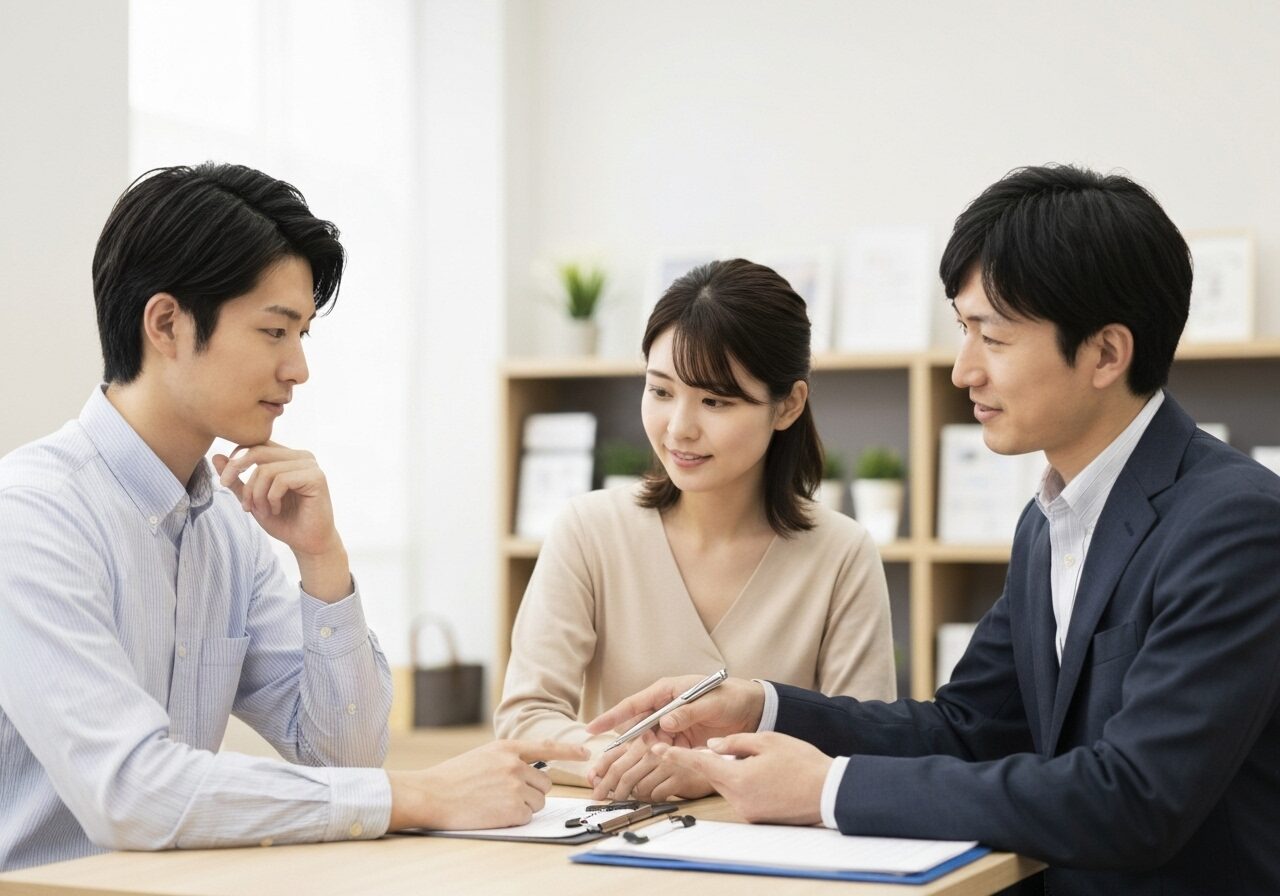 住宅展示場で、後悔しない家づくりのためのチェックリストを確認する若い夫婦。