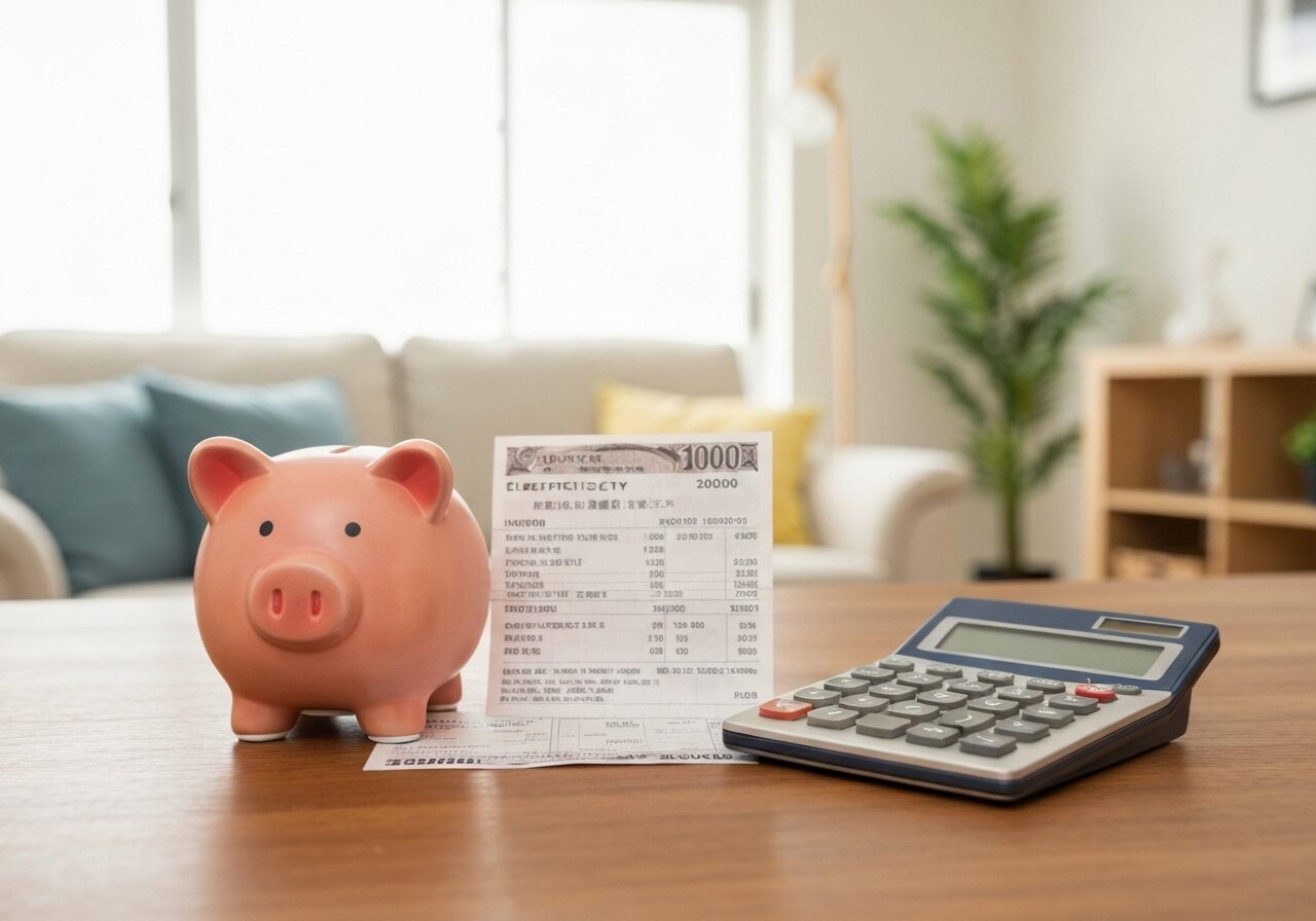 電気代の明細書と豚の貯金箱。高気密・高断熱住宅と全館空調による光熱費削減をイメージさせる。