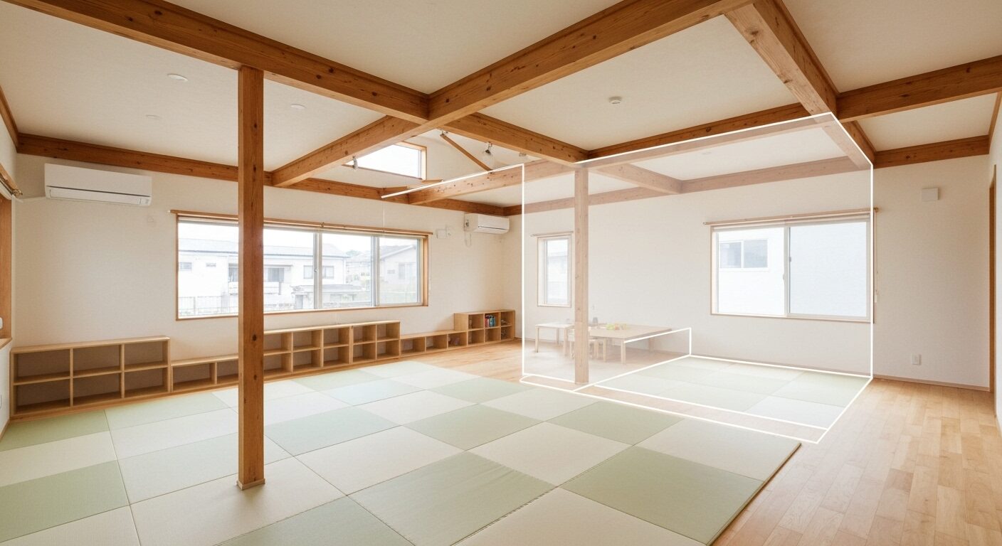将来的に2部屋に分けられるように設計された、広々とした子供部屋。テクノストラクチャー工法による可変性のある空間づくりを象徴している。
