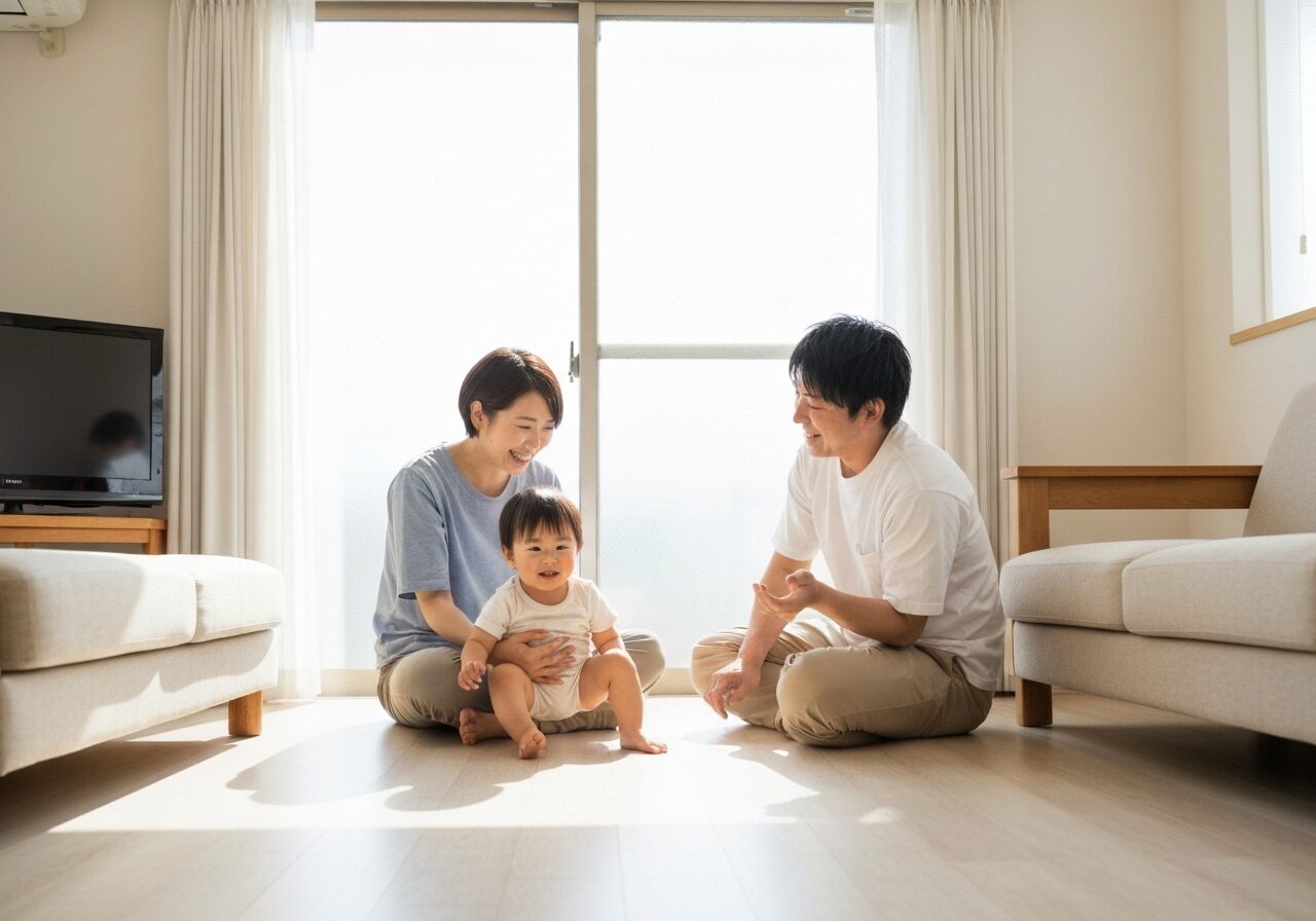 住宅ローン控除を活用して建てた快適な新築住宅で、幸せに暮らす子育て世帯の家族