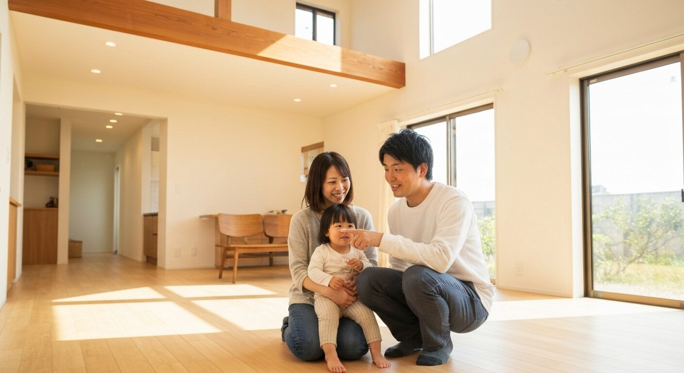 吹き抜けのある開放的なリビングで談笑する幸せな家族