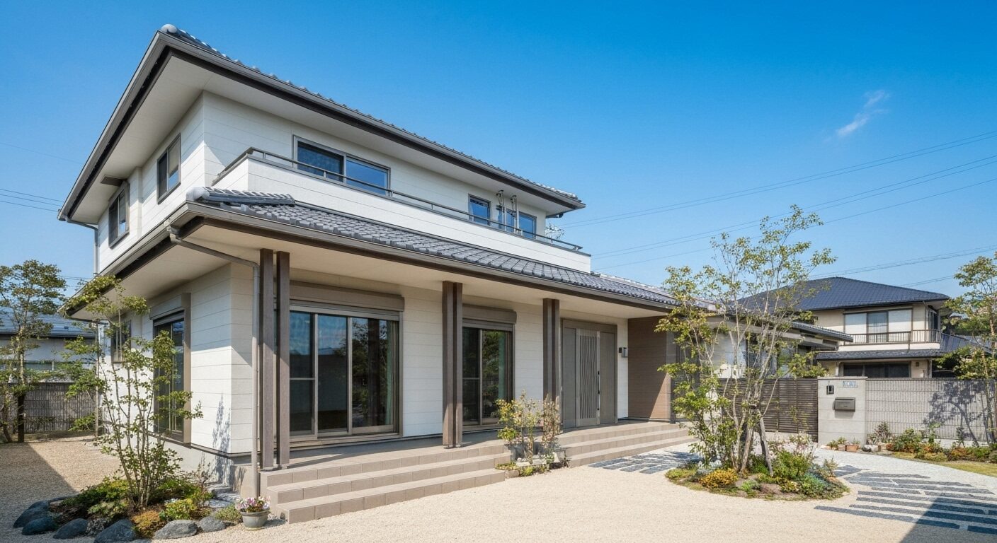 青空の下に建つ、テクノストラクチャー工法で建てられたモダンで美しい外観の一戸建て住宅。