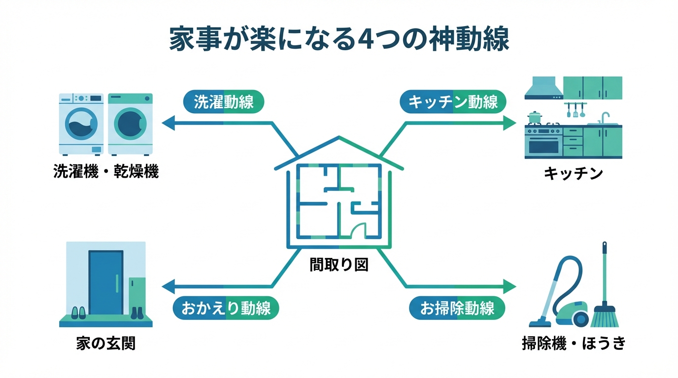 家事の負担を軽減する4つの主要な家事動線(洗濯・キッチン・おかえリ・掃除)の図解