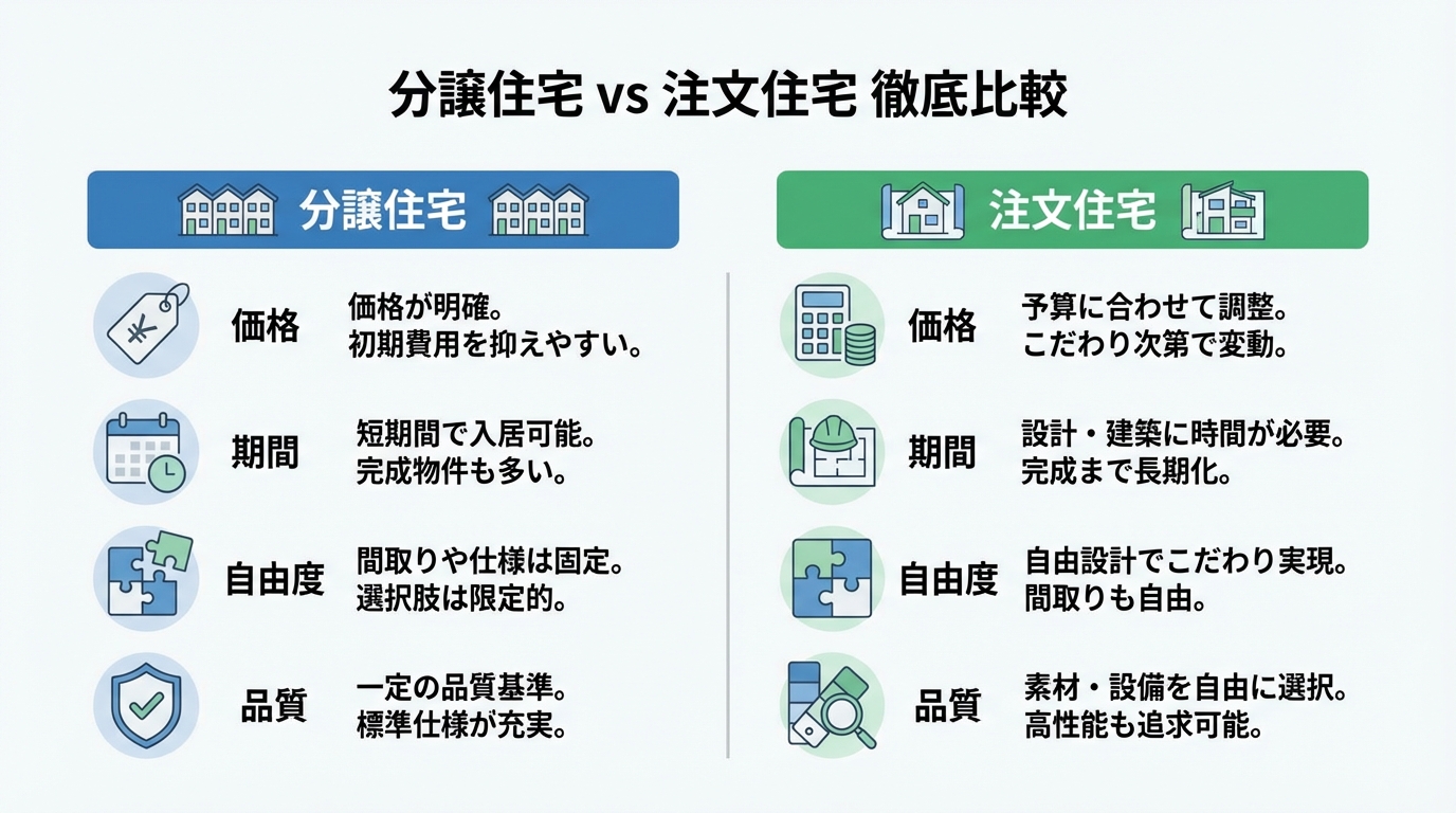 分譲住宅と注文住宅を「価格」「期間」「自由度」「品質」の4項目で比較したインフォグラフィック。それぞれのメリットが一目でわかる図解。