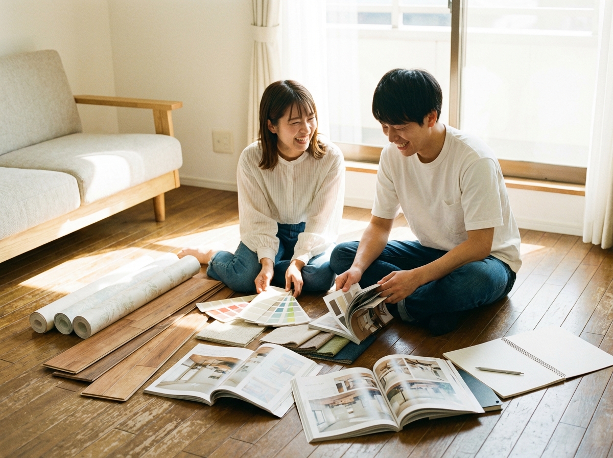 リビングで内装サンプルを広げ、楽しそうに家づくりについて話し合う夫婦。注文住宅の設計自由度を象徴する一枚。