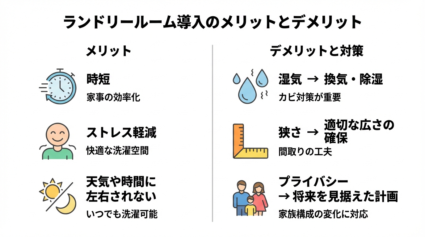 ランドリールーム導入のメリットと、後悔しないためのデメリット対策をまとめた図解