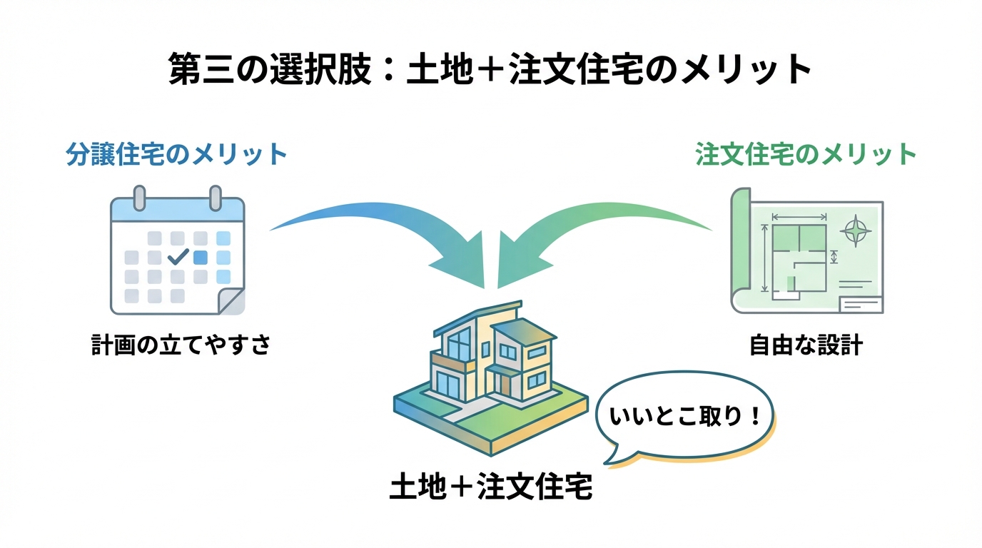 「土地+注文住宅」が分譲住宅の計画性と注文住宅の自由設計を両立する「いいとこ取り」であることを示すインフォグラフィック。