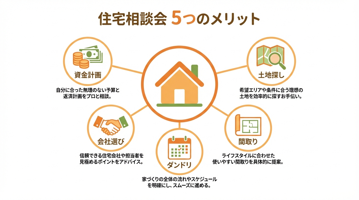 住宅相談会に参加する5つのメリット（資金計画、土地探し、間取り、ダンドリ、会社選び）を分かりやすくまとめた図解。