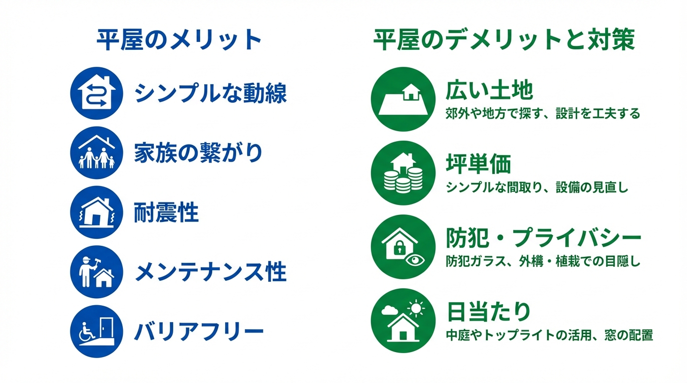 平屋のメリット5つとデメリット4つを比較した図解。それぞれの特徴がアイコンで分かりやすく示されている。