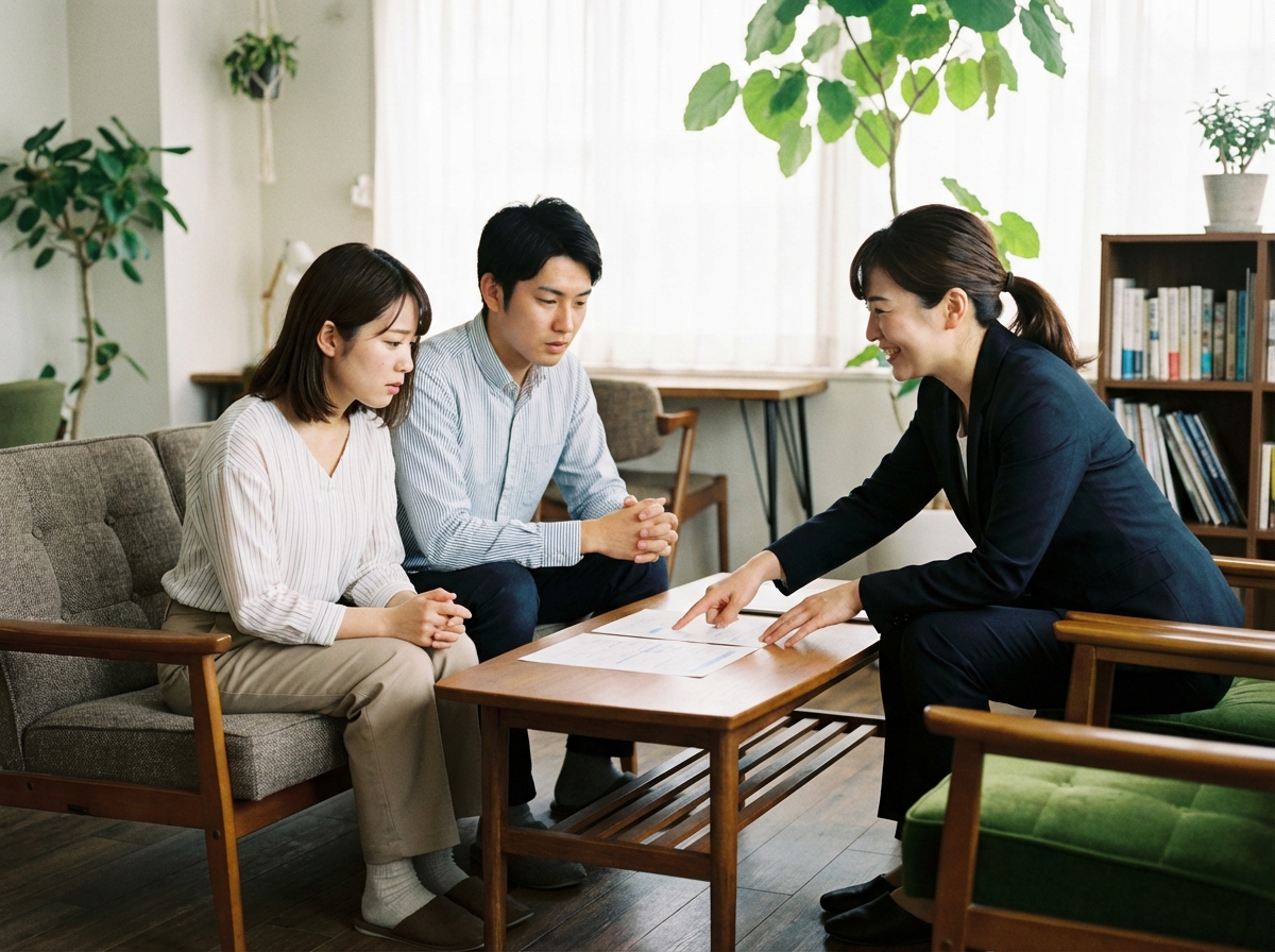 住宅相談会で専門家に不安な点を質問する夫婦と、それに優しく答える担当者。