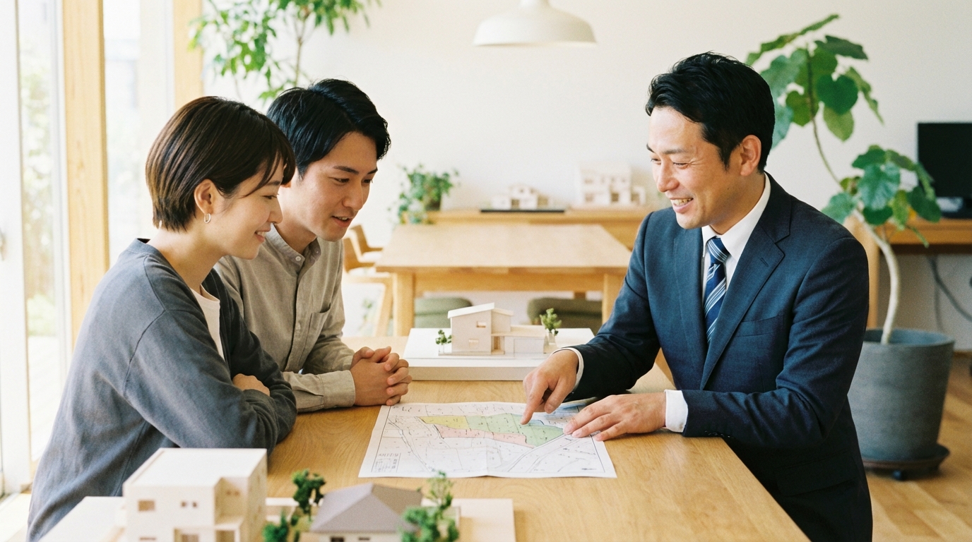 専門家から平屋の土地選びについてアドバイスを受ける夫婦。後悔しないための重要なポイントを学んでいる。