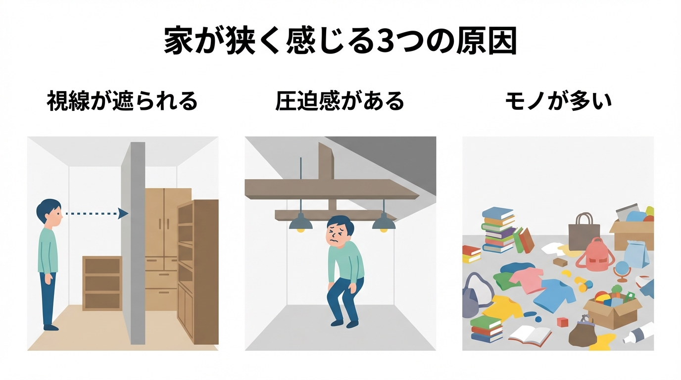 家が狭く感じる心理的な3つの原因(視線の遮り、圧迫感、モノの多さ)を分かりやすく解説した図解。