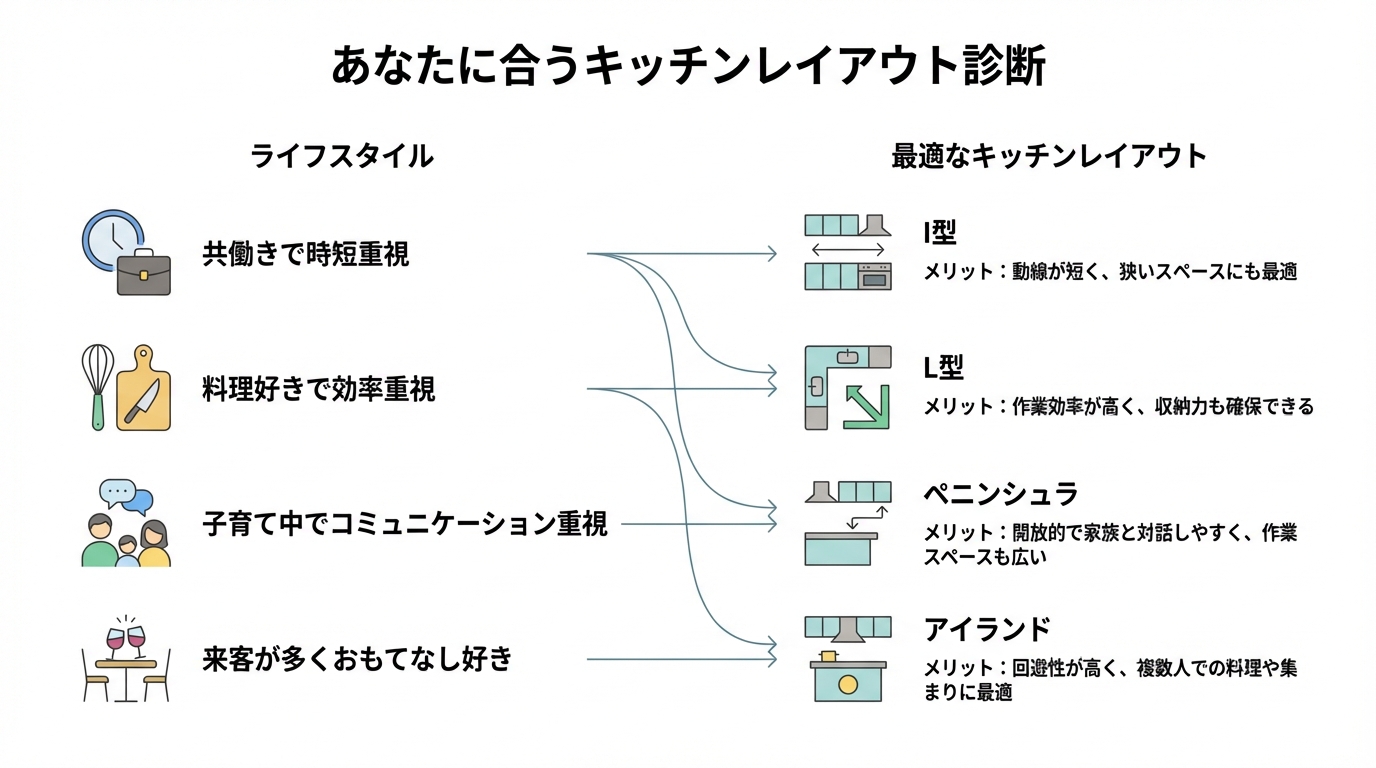 キッチンレイアウト診断のインフォグラフィック。ライフスタイル別に最適なI型、L型、ペニンシュラ、アイランドキッチンを提案している。