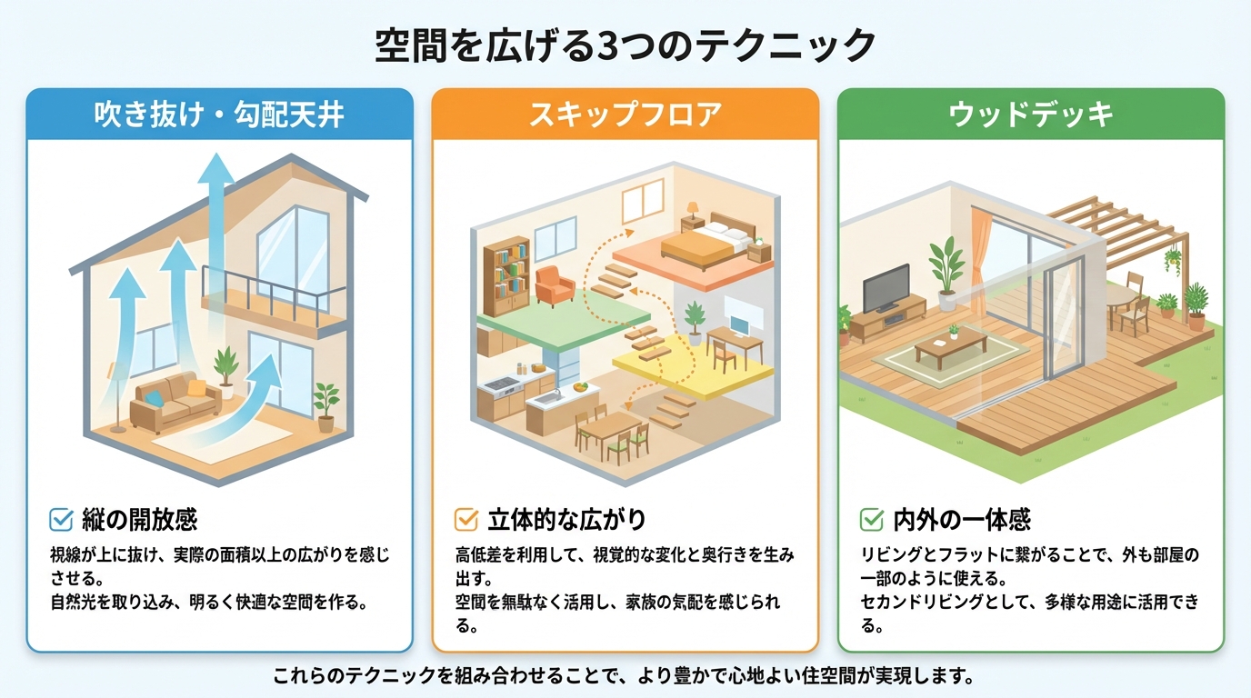 空間を広く見せる3つの間取りテクニック(吹き抜け、スキップフロア、ウッドデッキ)のメリットを比較した図解。
