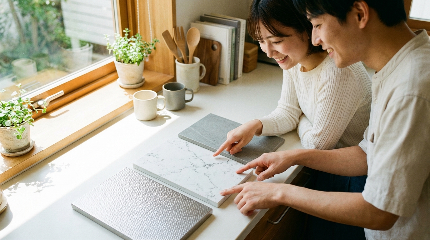 ステンレス、人工大理石、セラミックの3種類のキッチンワークトップ素材のサンプル。それぞれの質感や色の違いを比較している。