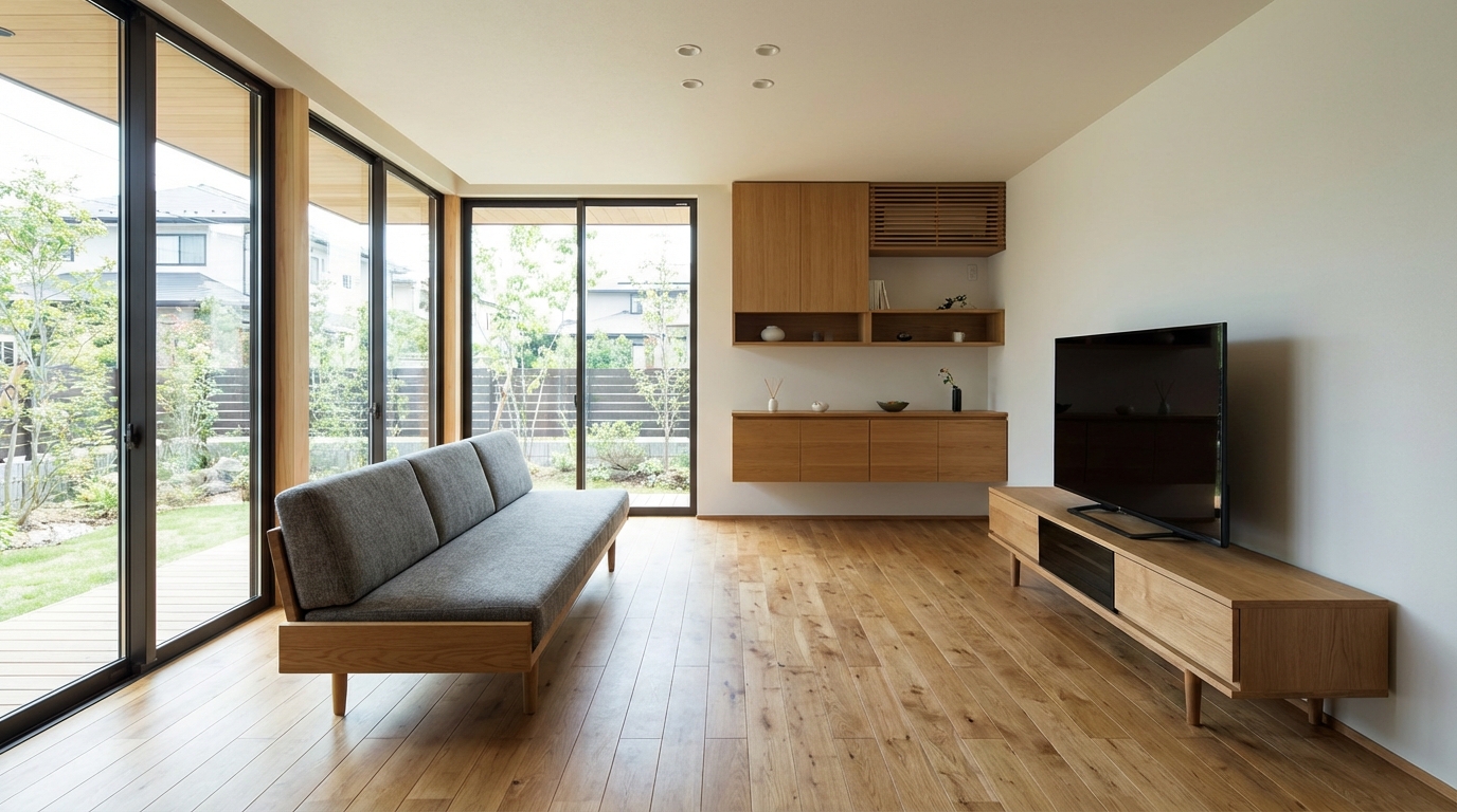 脚付きの家具と適材適所の収納によって、スッキリと広く見えるモダンなリビング。