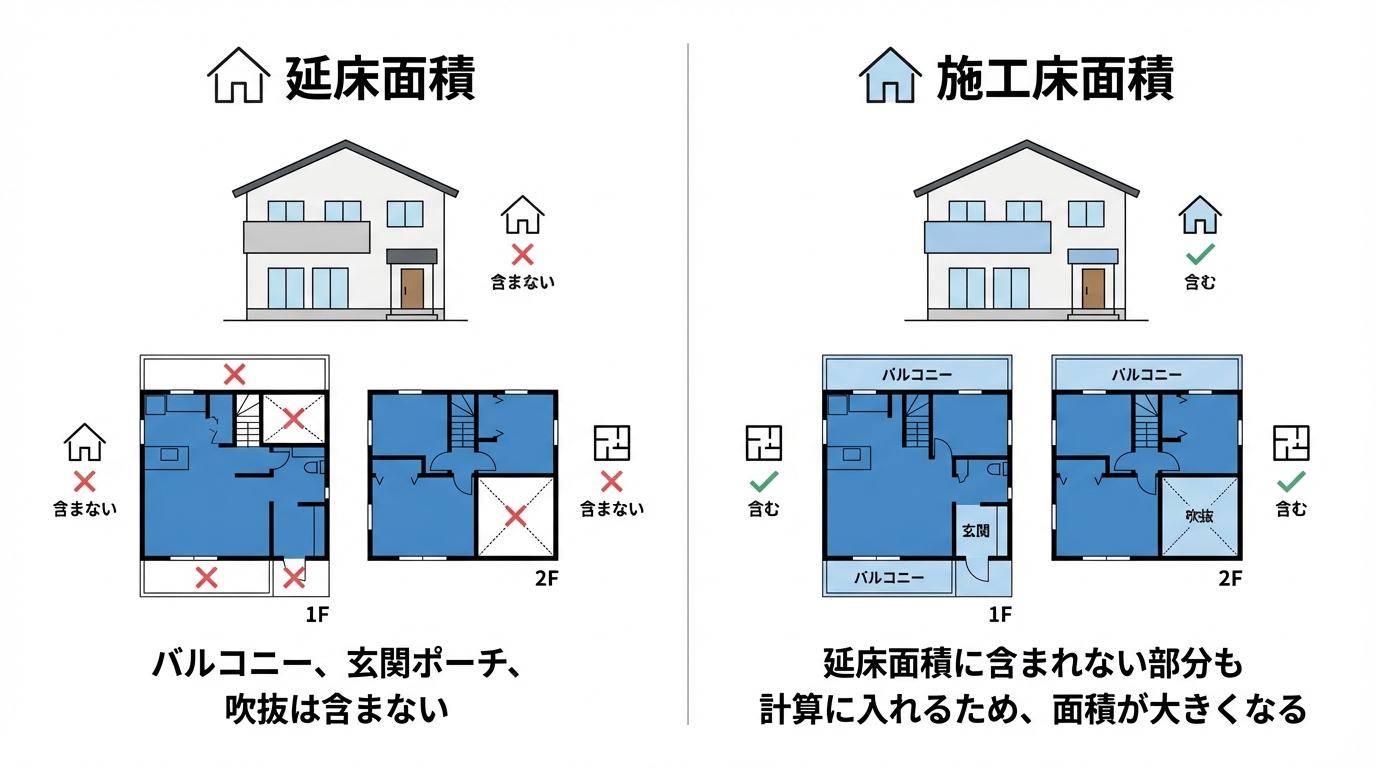 延床面積と施工床面積の違いを図解したインフォグラフィック。施工床面積はバルコニーなども含むため、坪単価が安く見えることを示している。