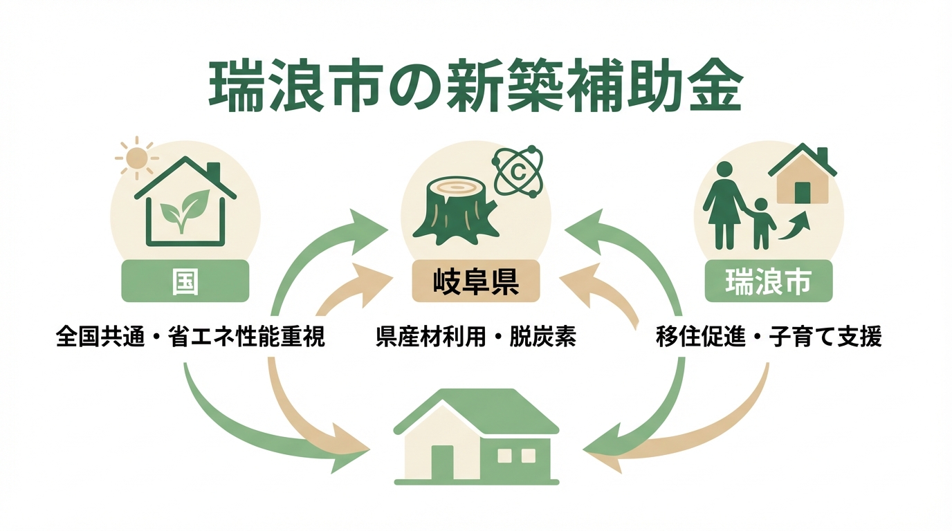 瑞浪市の新築補助金の全体像を表す図解。国、岐阜県、瑞浪市の3つの階層に分かれ、それぞれの特徴が簡潔に示されている。