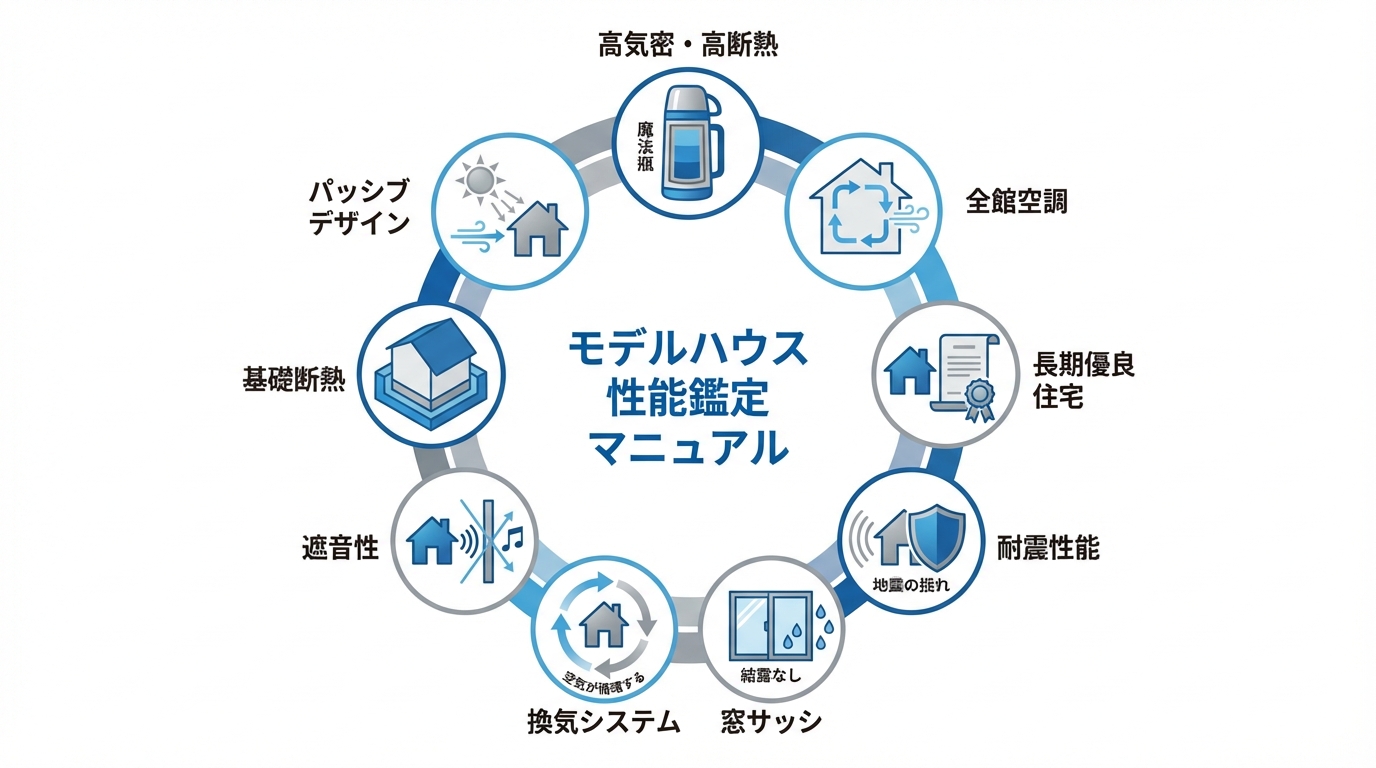モデルハウスで確認すべき住宅性能10のチェックポイントを示したインフォグラフィック。高気密高断熱、全館空調、耐震性などの項目がアイコンと共に分かりやすくまとめられている。