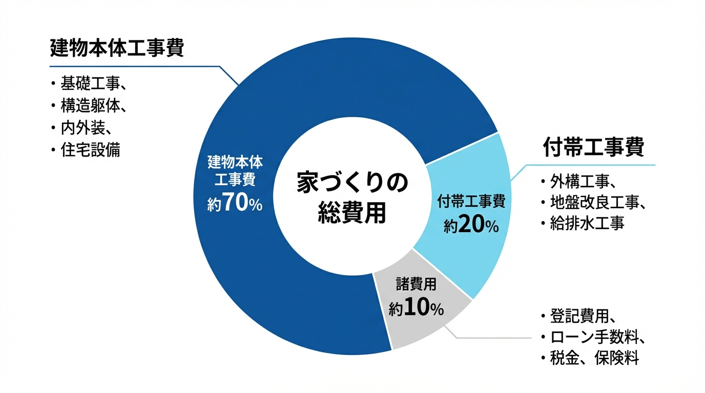 注文住宅の総費用の内訳を示す円グラフ。建物本体工事費が約7割、付帯工事費が約2割、諸費用が約1割を占めることを示している。