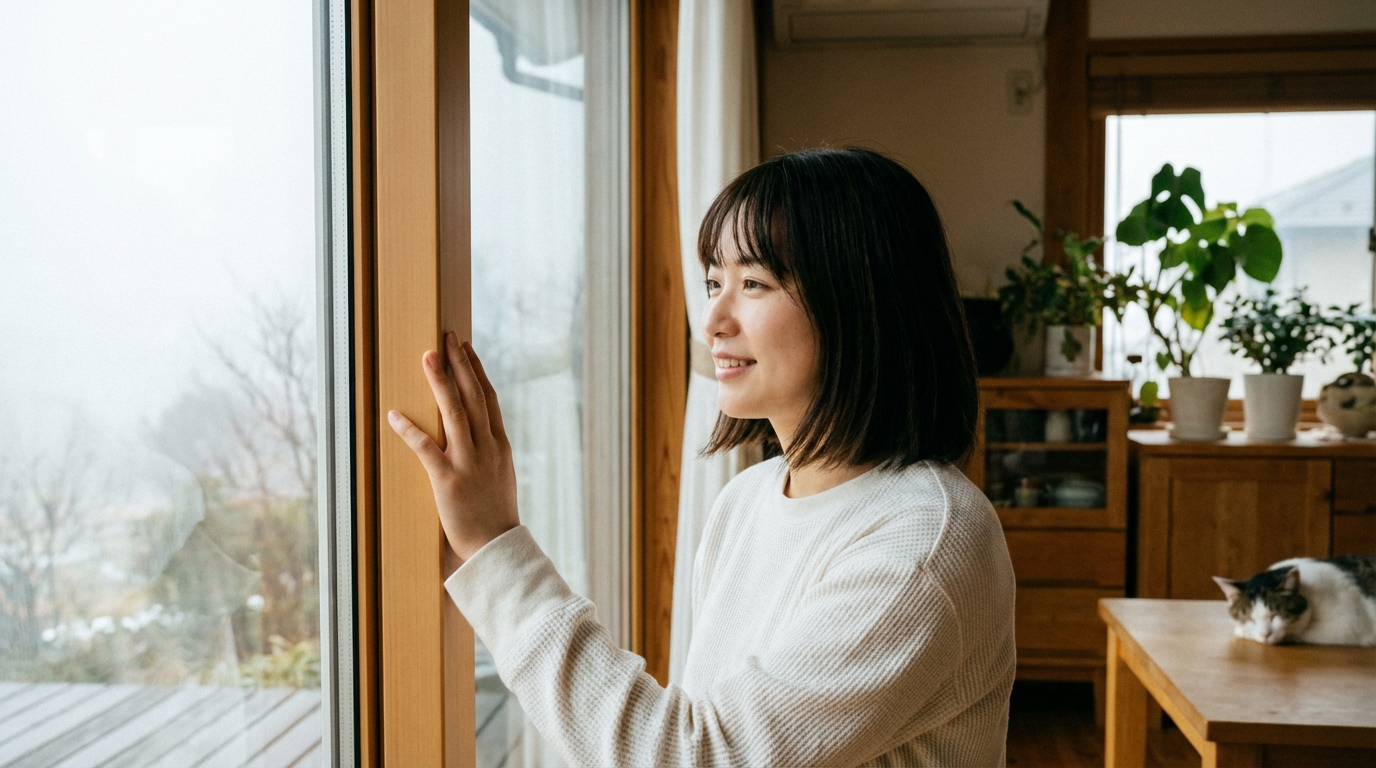 住宅の高性能な樹脂サッシに触れて断熱性を確認している女性。窓の外の冬景色とは対照的に、室内の快適な様子が伝わる。