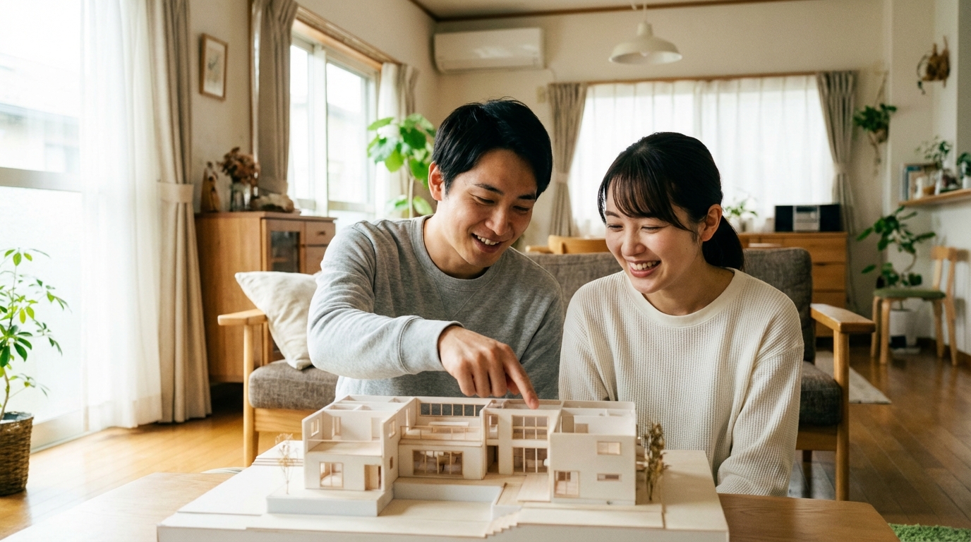 新築の計画を立てる若い夫婦。家の模型を前に笑顔で語り合っている。