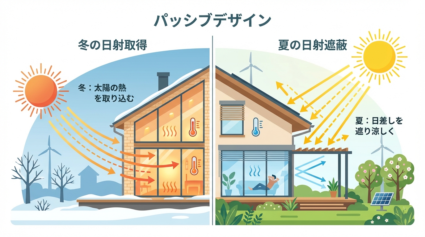 パッシブデザインの仕組みを解説する図解。冬は太陽光を室内に取り入れ、夏は軒で日差しを遮ることで、自然エネルギーを活用して快適な住環境を作る様子が示されている。