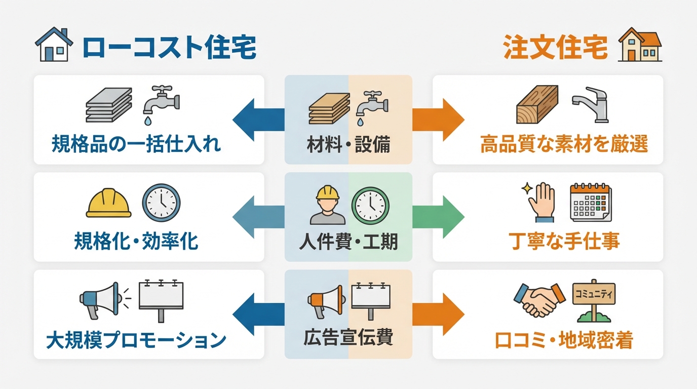ローコスト住宅と注文住宅の価格差が生まれる3つの理由（材料費・人件費・広告費）を比較した図解。