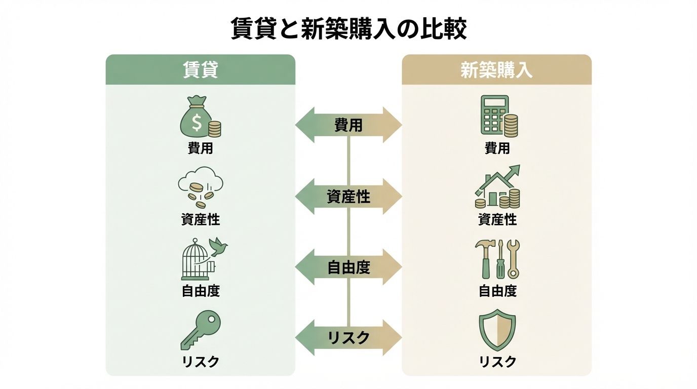 賃貸と新築購入を「費用」「資産性」「自由度」「リスク」の4つのポイントで比較した図解。それぞれの特徴をアイコンで分かりやすく表現している。