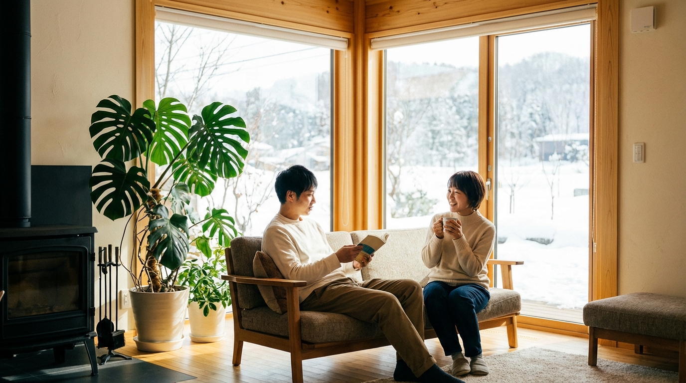 冬でも暖かい高性能住宅のリビングで、笑顔でくつろぐ若い夫婦。断熱性の高い家の快適な暮らしを表現している。