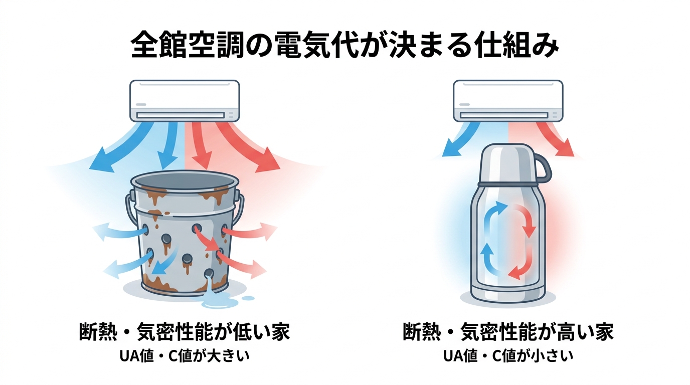 全館空調の電気代と住宅性能の関係を示す図解。性能の低い家を穴の開いたバケツ、性能の高い家を魔法瓶に例え、熱の逃げやすさの違いを表現している。